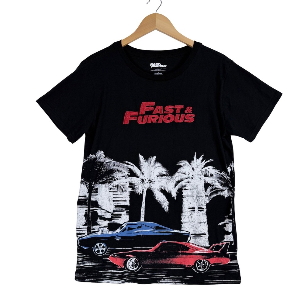 Fast & Furious Graphic Tee Men Large Black Embroidered Car Scene Shirt NWOT